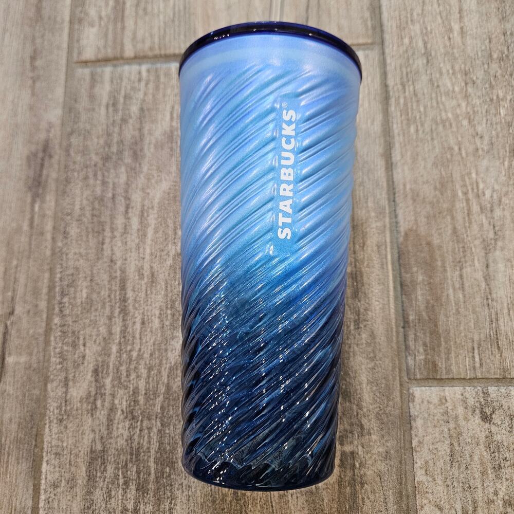 Starbucks Tumbler Glass Cold Cup 18oz Blue Diagonal Sheen Hombre Swirl‎ Summer